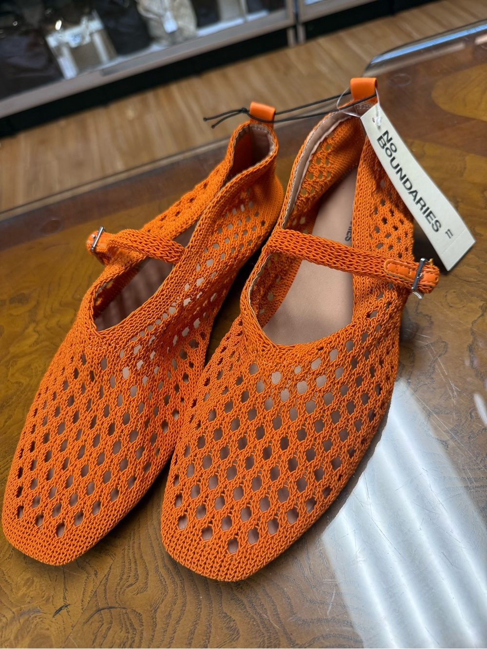 No Boundaries Orange Knit Mary Jane Flats with Strap